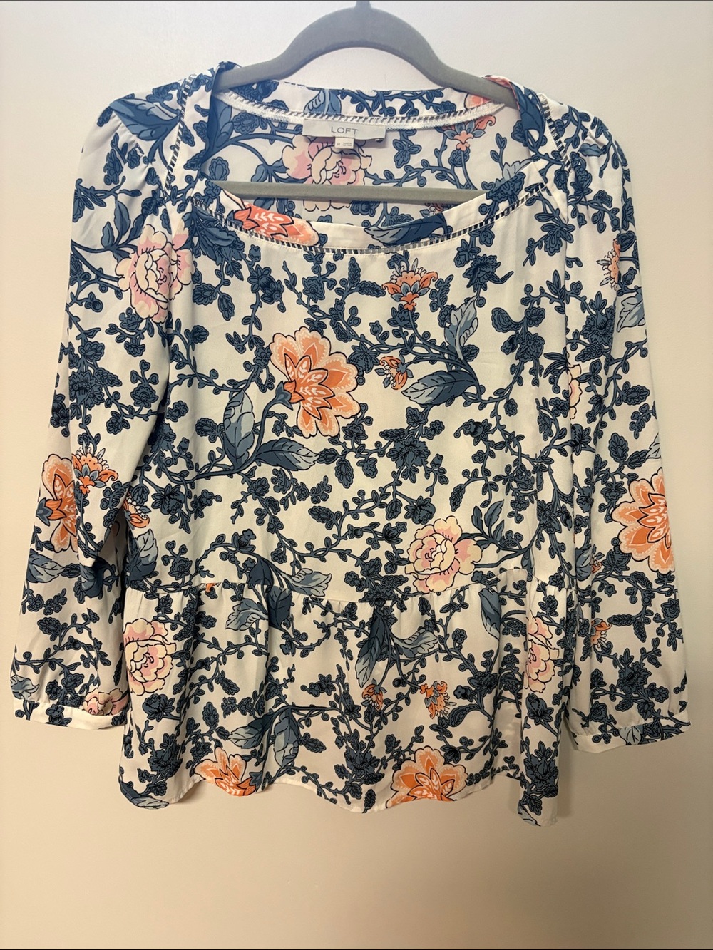 LOFT Floral Peplum Top in Cream with Navy & Peach